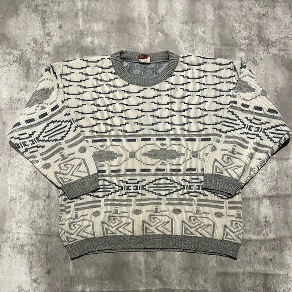 Vintage 90s Fine Line Patterned Knit Sweater Mens Large White - Picture 1 of 5